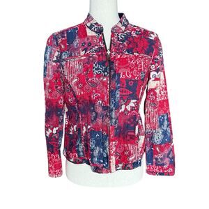 Christopher & Banks Patchwork Quilted Jacket Red Blue Boho Artsy Coat Size PM